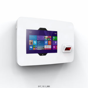 Shell+ 12 Tablet Kiosk with a Lenovo ThinkPad 10 and Device Integration, in white with revealed windows button and camera.