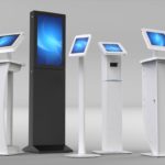 Four examples of freestanding tablet kiosk enclosures by imageHOLDERS