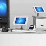 Three imageHOLDERS countertop touchscreen kiosks with add on devices