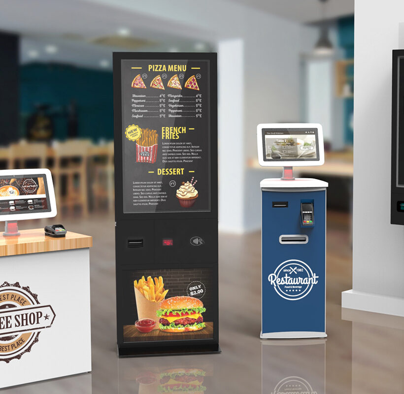 Display of QSR kiosks and interactive digital signage for fast-food industry.