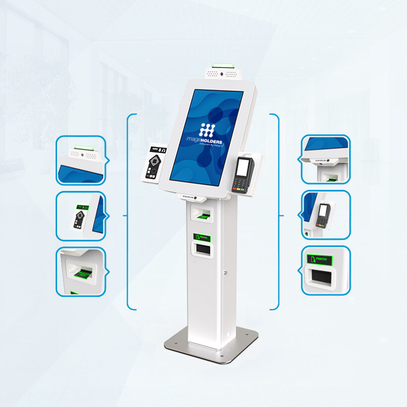 Interactive self-service kiosk with touchscreen display, card reader, payment device, barcode scanner, and printer components highlighted around the main unit