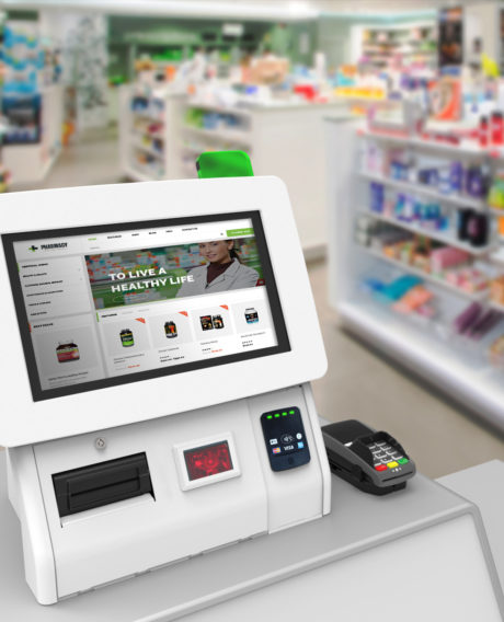 Integrator Pro 15 kiosk with barcode scanner, printer, Uno contactless readers, NFC reader, and PED holder