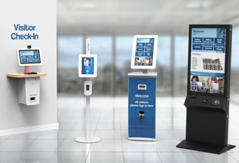 Display showing four alternative visitor management kiosk options.