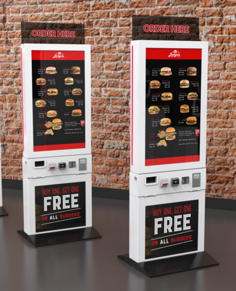 Line of floor-standing QSR self-service kiosk podiums for a fast-food burger restaurant.
